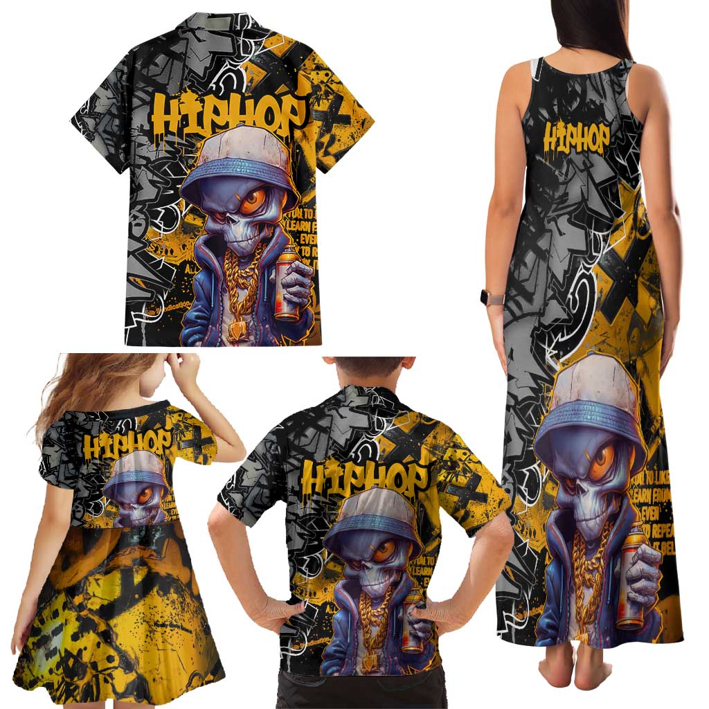 Hip Hop Street Style Family Matching Tank Maxi Dress and Hawaiian Shirt Yellow and Black Graffiti and Urban Skull Character Design - Wonder Print Shop