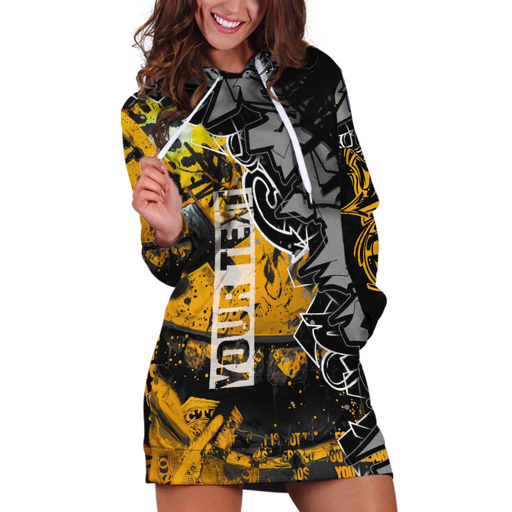Hip Hop Street Style Hoodie Dress Yellow and Black Graffiti and Urban Skull Character Design - Wonder Print Shop