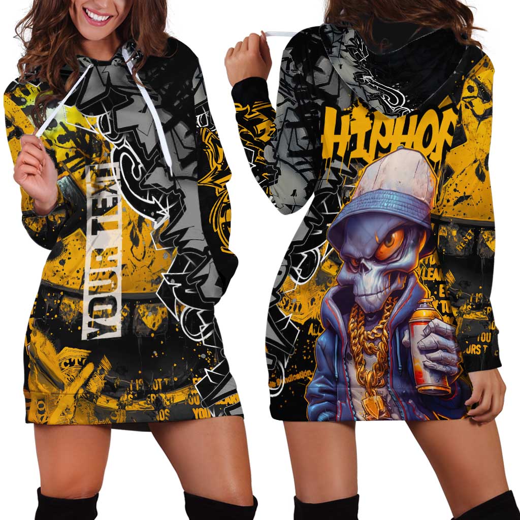 Hip Hop Street Style Hoodie Dress Yellow and Black Graffiti and Urban Skull Character Design - Wonder Print Shop