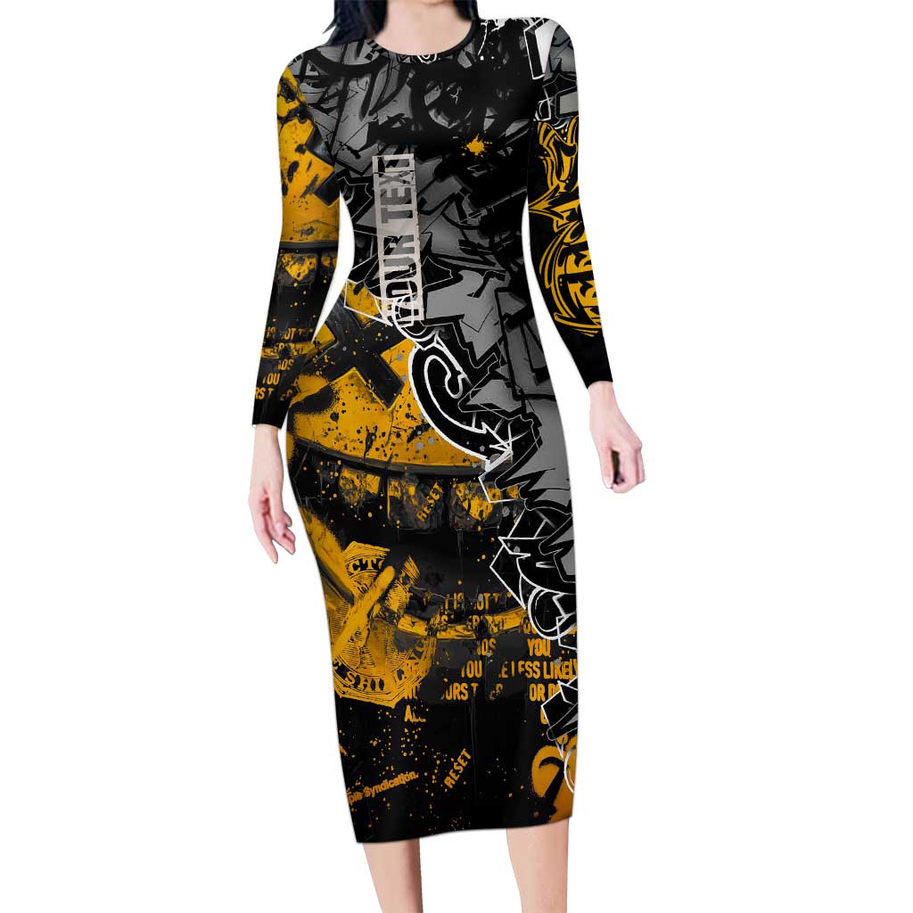 Hip Hop Street Style Long Sleeve Bodycon Dress Yellow and Black Graffiti and Urban Skull Character Design - Wonder Print Shop