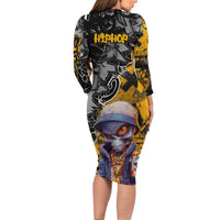 Hip Hop Street Style Long Sleeve Bodycon Dress Yellow and Black Graffiti and Urban Skull Character Design - Wonder Print Shop