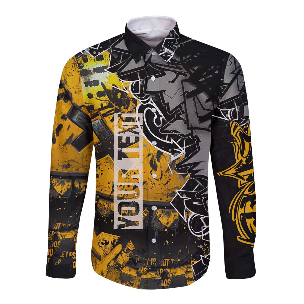 Hip Hop Street Style Long Sleeve Button Shirt Yellow and Black Graffiti and Urban Skull Character Design - Wonder Print Shop
