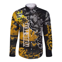 Hip Hop Street Style Long Sleeve Button Shirt Yellow and Black Graffiti and Urban Skull Character Design - Wonder Print Shop