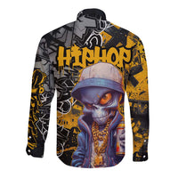 Hip Hop Street Style Long Sleeve Button Shirt Yellow and Black Graffiti and Urban Skull Character Design - Wonder Print Shop