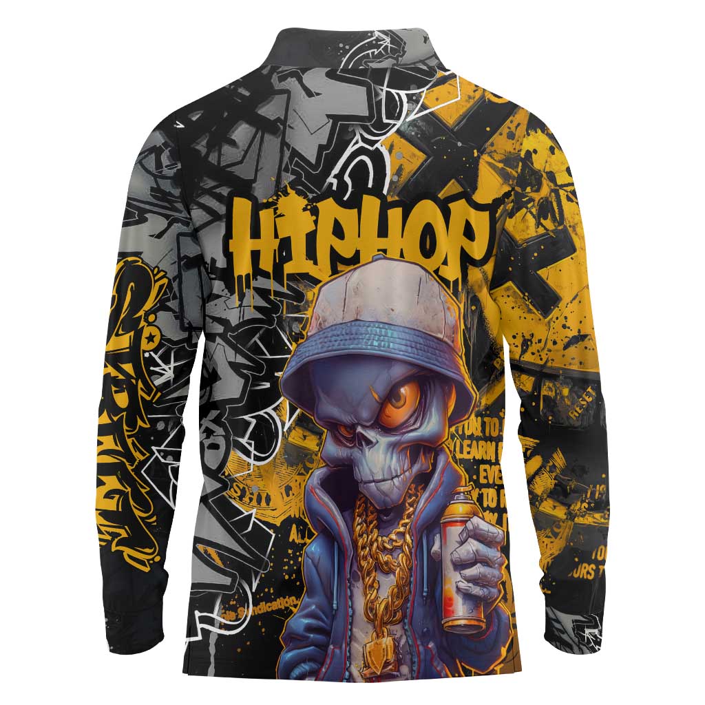 Hip Hop Street Style Long Sleeve Polo Shirt Yellow and Black Graffiti and Urban Skull Character Design - Wonder Print Shop