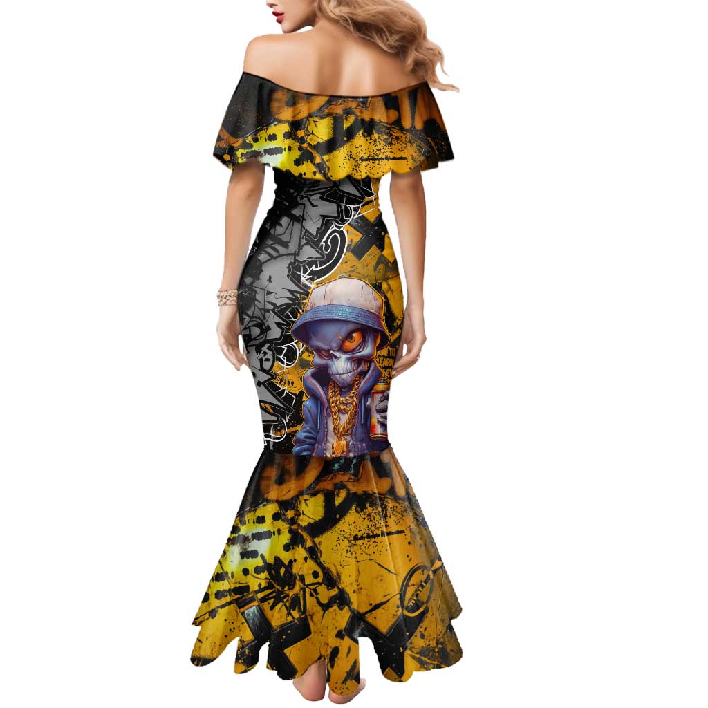 Hip Hop Street Style Mermaid Dress Yellow and Black Graffiti and Urban Skull Character Design - Wonder Print Shop