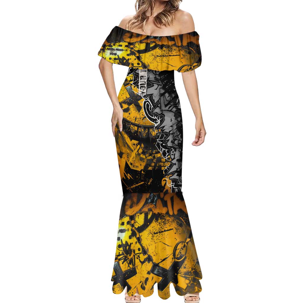 Hip Hop Street Style Mermaid Dress Yellow and Black Graffiti and Urban Skull Character Design - Wonder Print Shop