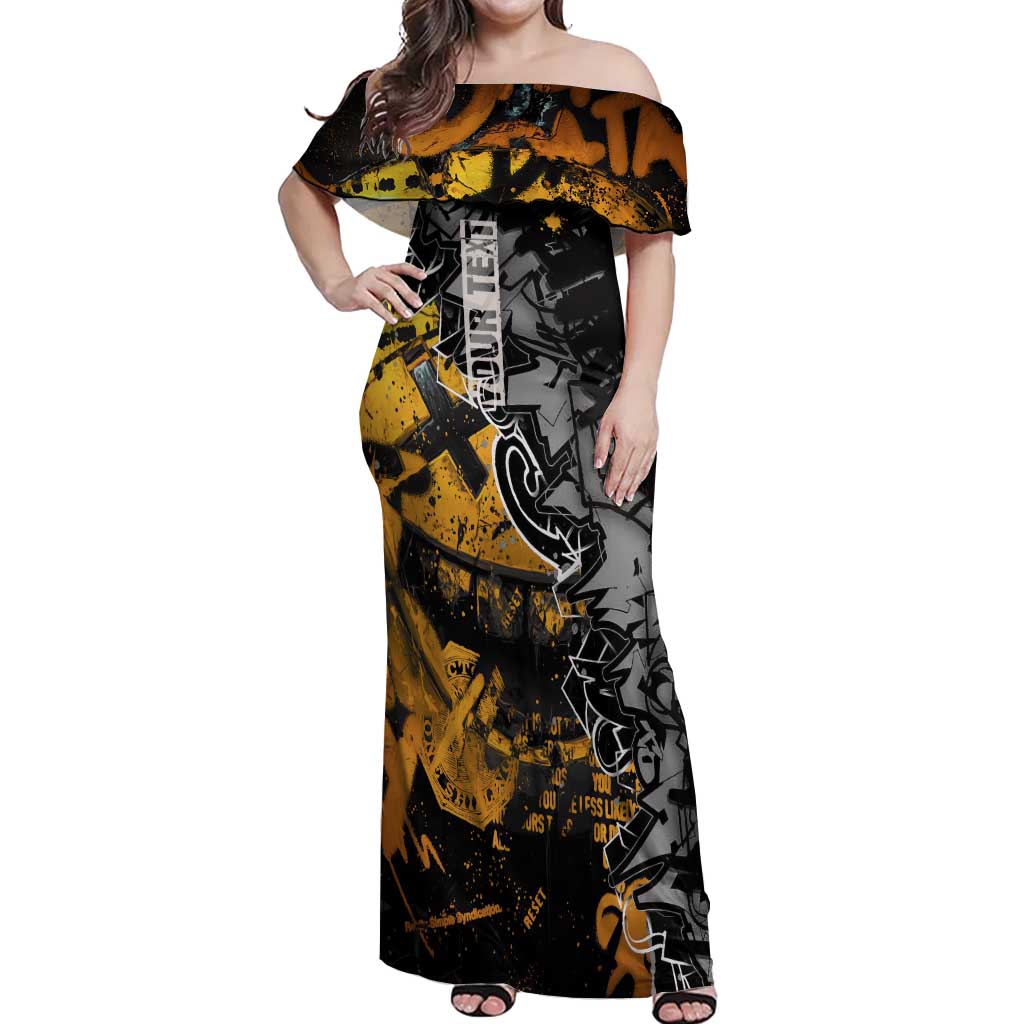 Hip Hop Street Style Off Shoulder Maxi Dress Yellow and Black Graffiti and Urban Skull Character Design - Wonder Print Shop