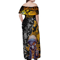 Hip Hop Street Style Off Shoulder Maxi Dress Yellow and Black Graffiti and Urban Skull Character Design - Wonder Print Shop