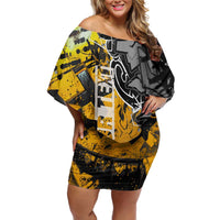 Hip Hop Street Style Off Shoulder Short Dress Yellow and Black Graffiti and Urban Skull Character Design - Wonder Print Shop