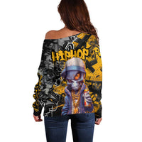 Hip Hop Street Style Off Shoulder Sweater Yellow and Black Graffiti and Urban Skull Character Design - Wonder Print Shop