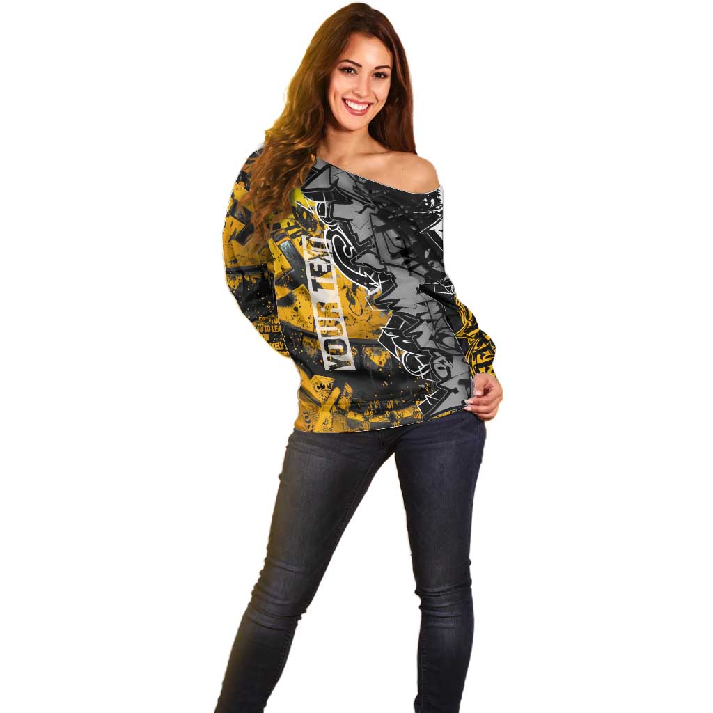 Hip Hop Street Style Off Shoulder Sweater Yellow and Black Graffiti and Urban Skull Character Design - Wonder Print Shop