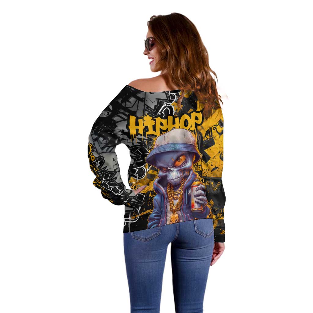 Hip Hop Street Style Off Shoulder Sweater Yellow and Black Graffiti and Urban Skull Character Design - Wonder Print Shop