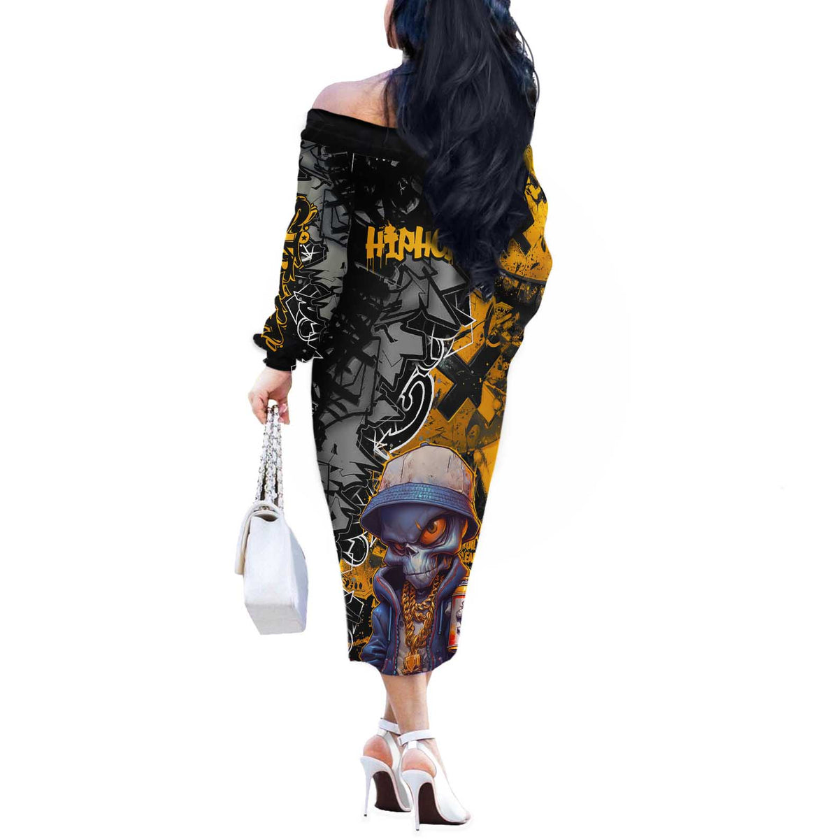 Hip Hop Street Style Off The Shoulder Long Sleeve Dress Yellow and Black Graffiti and Urban Skull Character Design - Wonder Print Shop