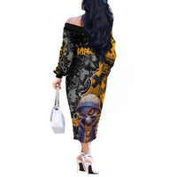 Hip Hop Street Style Off The Shoulder Long Sleeve Dress Yellow and Black Graffiti and Urban Skull Character Design - Wonder Print Shop