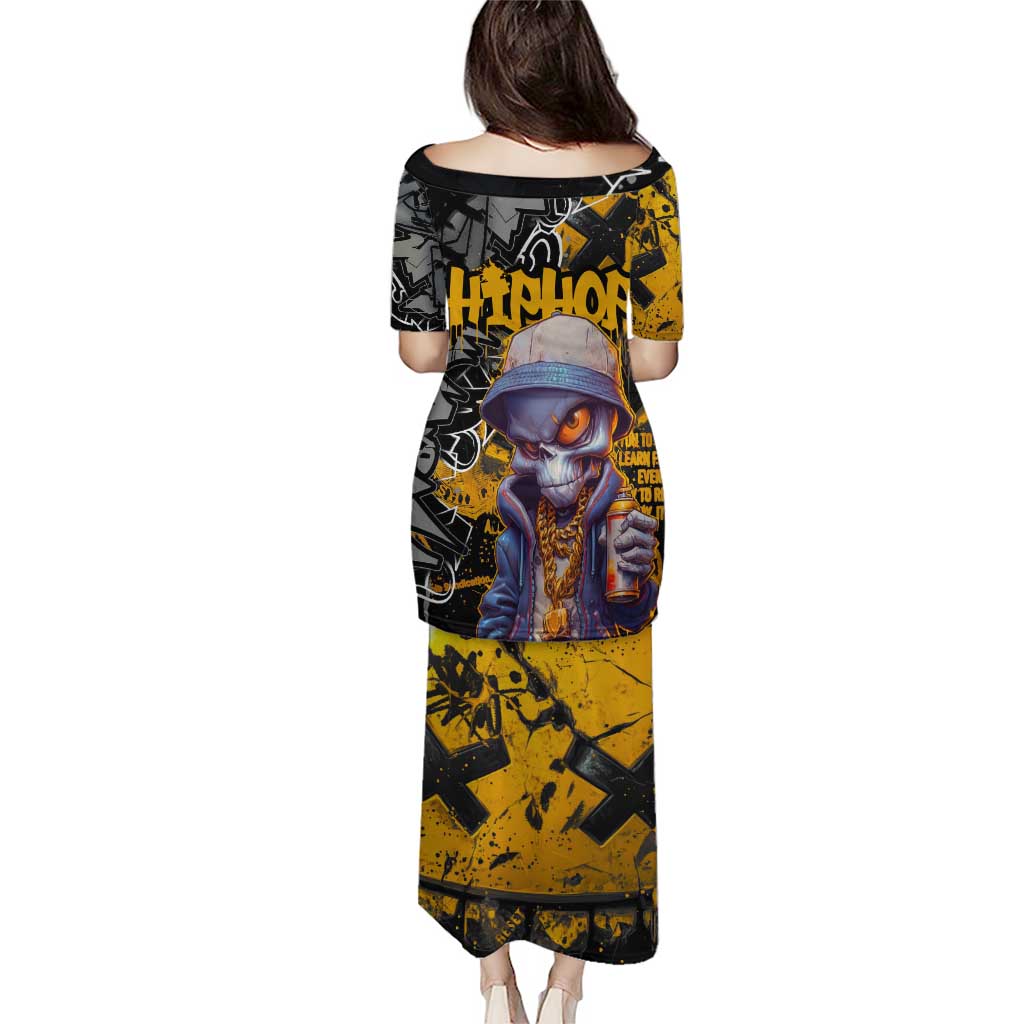 Hip Hop Street Style Puletasi Yellow and Black Graffiti and Urban Skull Character Design - Wonder Print Shop