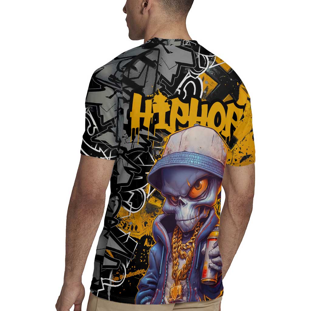 Hip Hop Street Style Rugby Jersey Yellow and Black Graffiti and Urban Skull Character Design - Wonder Print Shop