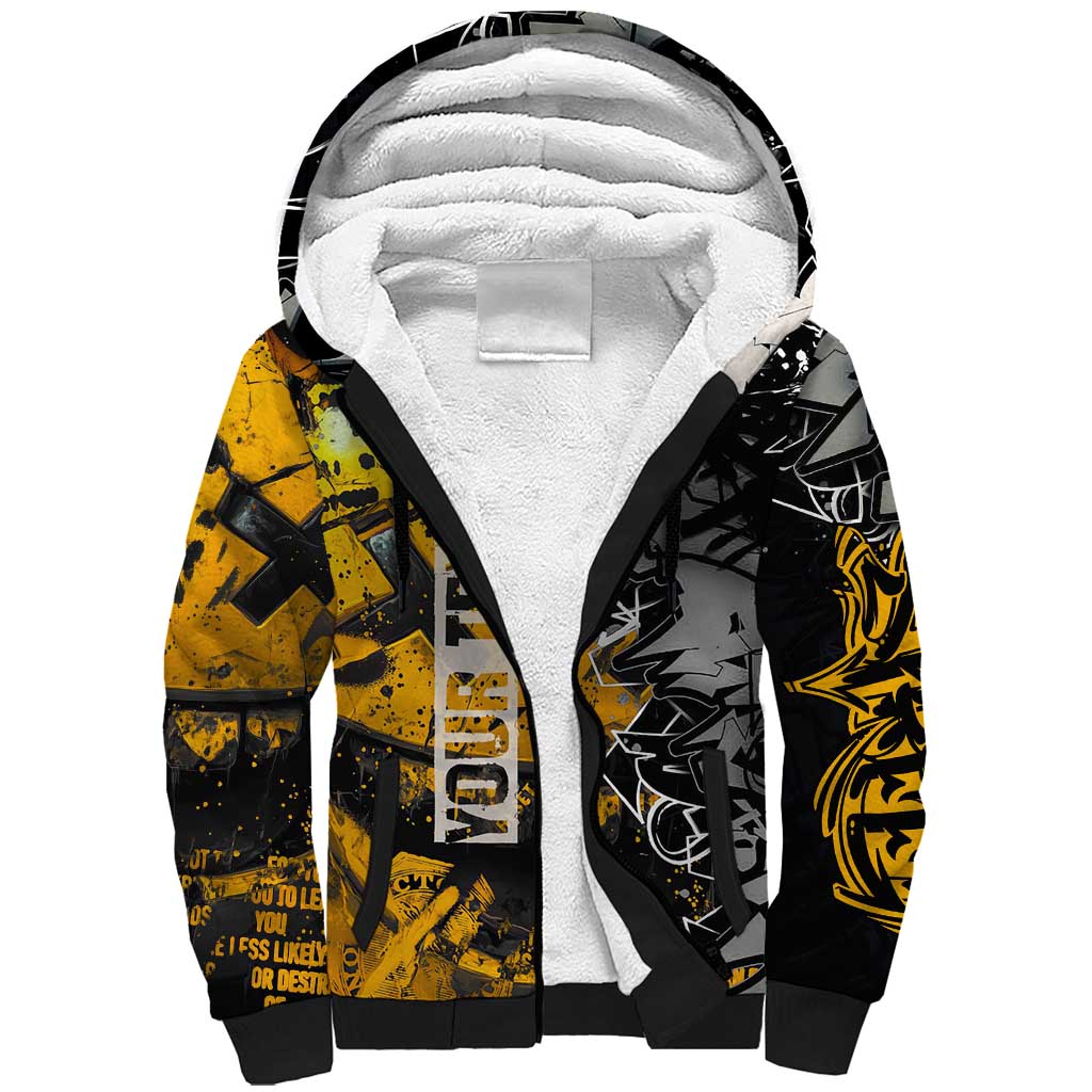 Hip Hop Street Style Sherpa Hoodie Yellow and Black Graffiti and Urban Skull Character Design - Wonder Print Shop