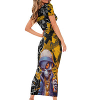 Hip Hop Street Style Short Sleeve Bodycon Dress Yellow and Black Graffiti and Urban Skull Character Design - Wonder Print Shop