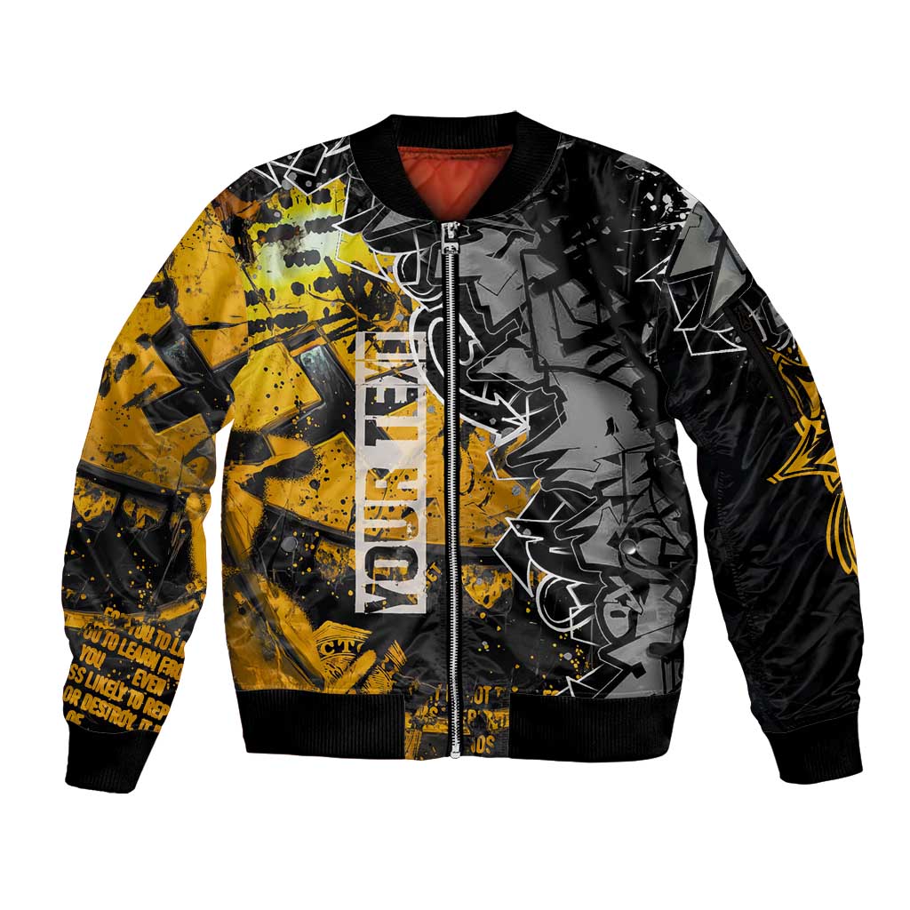 Hip Hop Street Style Sleeve Zip Bomber Jacket Yellow and Black Graffiti and Urban Skull Character Design - Wonder Print Shop