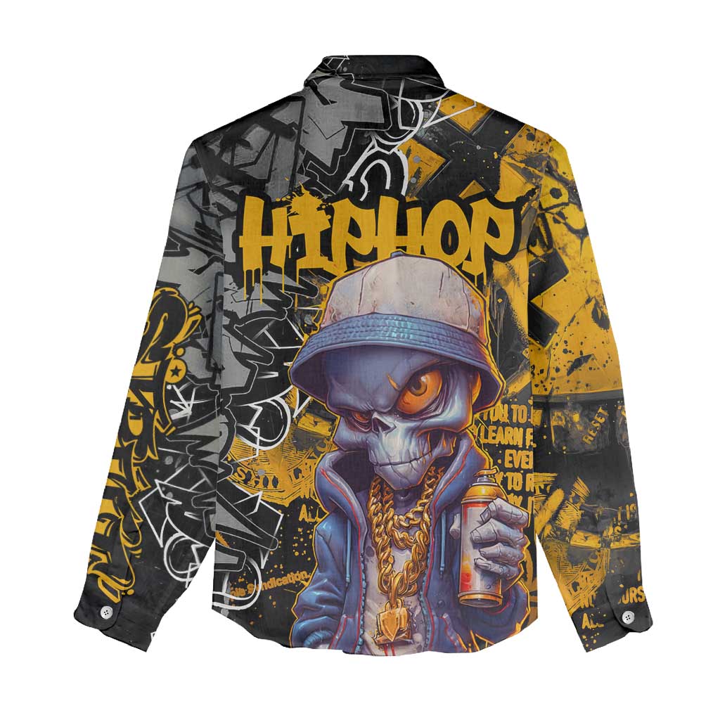 Hip Hop Street Style Women Casual Shirt Yellow and Black Graffiti and Urban Skull Character Design - Wonder Print Shop