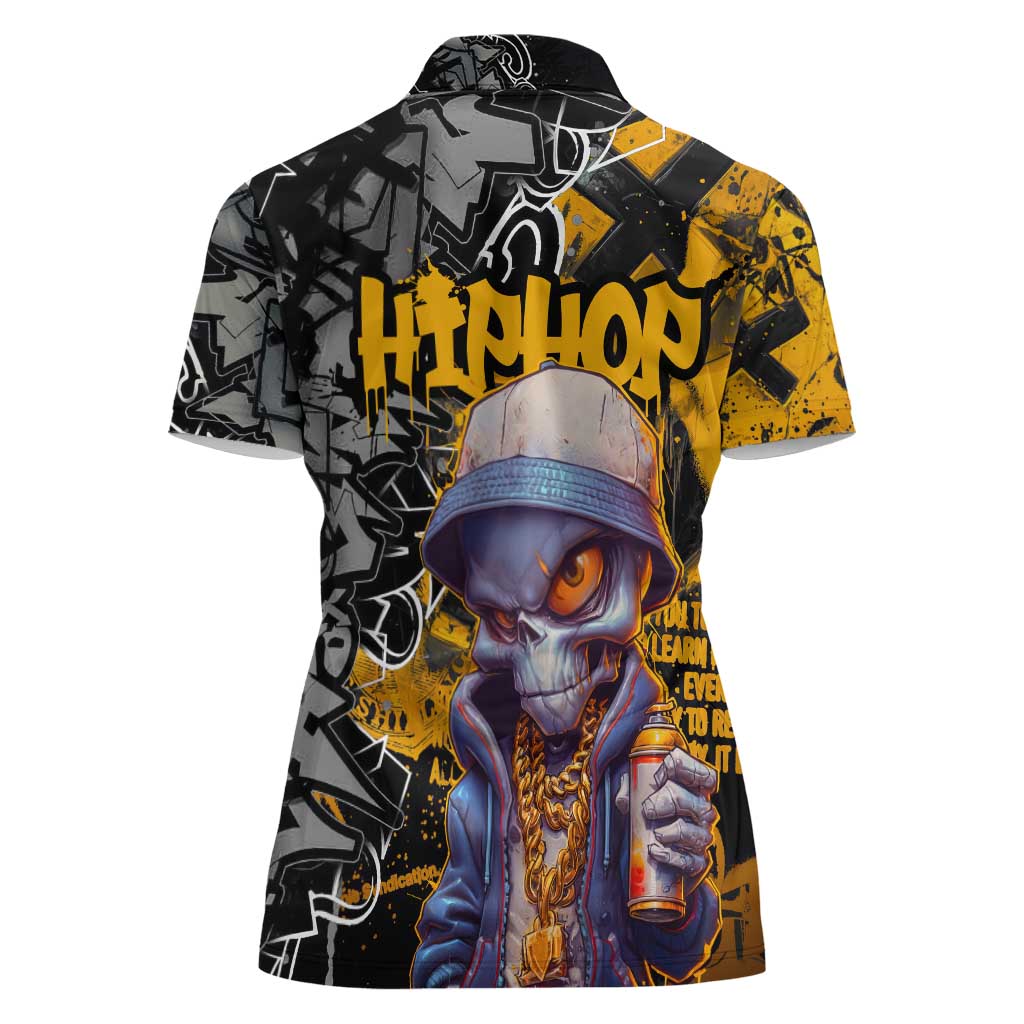 Hip Hop Street Style Women Polo Shirt Yellow and Black Graffiti and Urban Skull Character Design - Wonder Print Shop