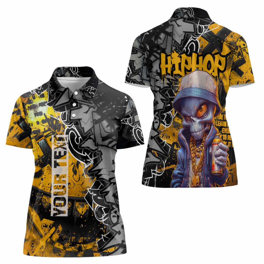 Hip Hop Street Style Women Polo Shirt Yellow and Black Graffiti and Urban Skull Character Design - Wonder Print Shop