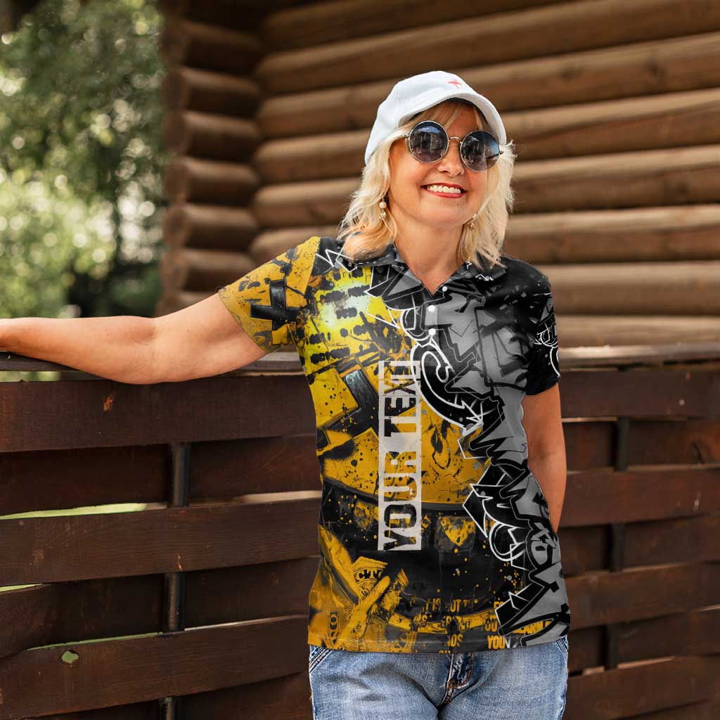 Hip Hop Street Style Women Polo Shirt Yellow and Black Graffiti and Urban Skull Character Design - Wonder Print Shop