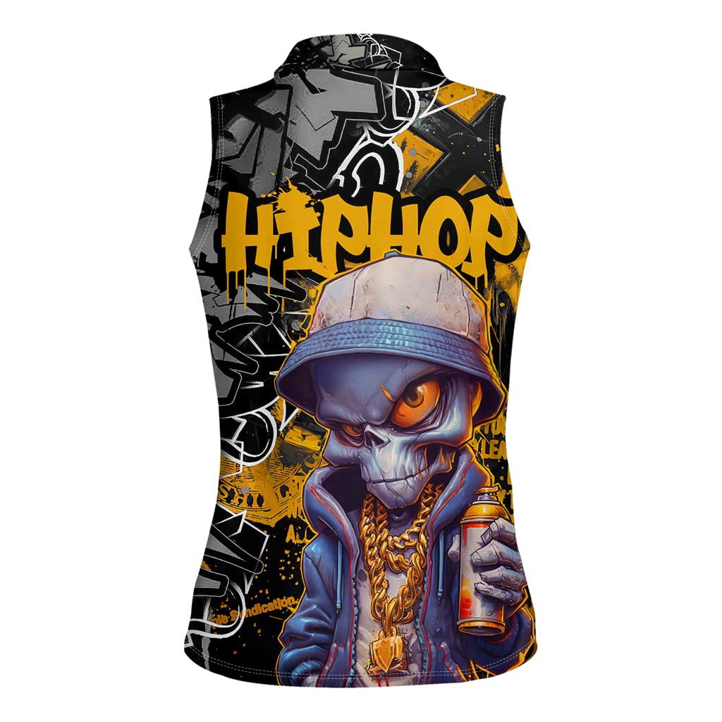 Hip Hop Street Style Women Sleeveless Polo Shirt Yellow and Black Graffiti and Urban Skull Character Design - Wonder Print Shop