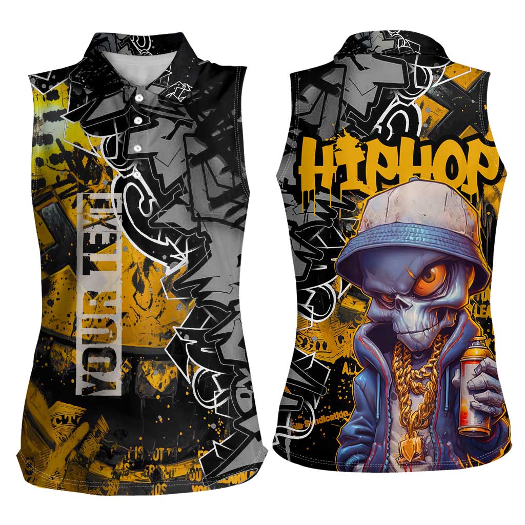 Hip Hop Street Style Women Sleeveless Polo Shirt Yellow and Black Graffiti and Urban Skull Character Design - Wonder Print Shop