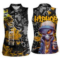 Hip Hop Street Style Women Sleeveless Polo Shirt Yellow and Black Graffiti and Urban Skull Character Design - Wonder Print Shop