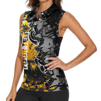Hip Hop Street Style Women Sleeveless Polo Shirt Yellow and Black Graffiti and Urban Skull Character Design - Wonder Print Shop