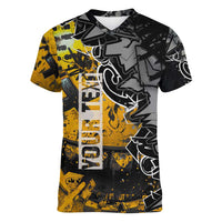 Hip Hop Street Style Women V-Neck T-Shirt Yellow and Black Graffiti and Urban Skull Character Design - Wonder Print Shop