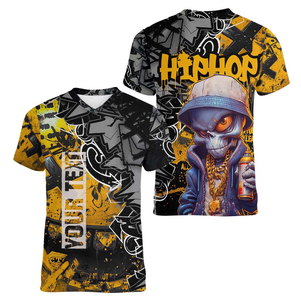 Hip Hop Street Style Women V-Neck T-Shirt Yellow and Black Graffiti and Urban Skull Character Design - Wonder Print Shop