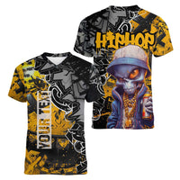 Hip Hop Street Style Women V-Neck T-Shirt Yellow and Black Graffiti and Urban Skull Character Design - Wonder Print Shop