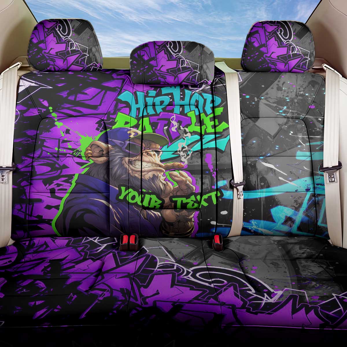 Hip Hop Battle Back Car Seat Cover Smoking Ape Character and Purple Green Graffiti Street Art Design - Wonder Print Shop