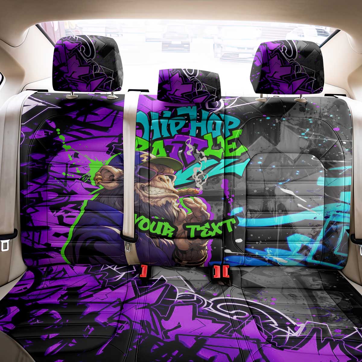 Hip Hop Battle Back Car Seat Cover Smoking Ape Character and Purple Green Graffiti Street Art Design - Wonder Print Shop