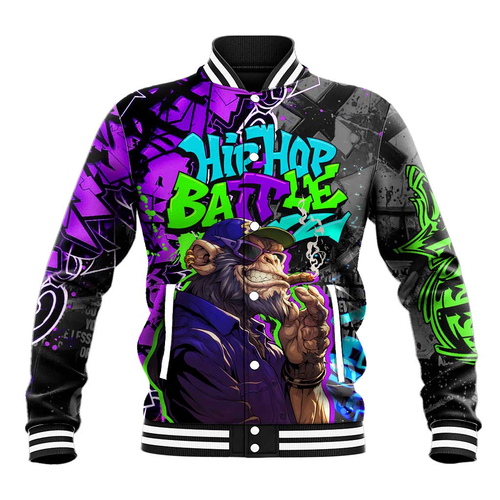Hip Hop Battle Baseball Jacket Smoking Ape Character and Purple Green Graffiti Street Art Design - Wonder Print Shop