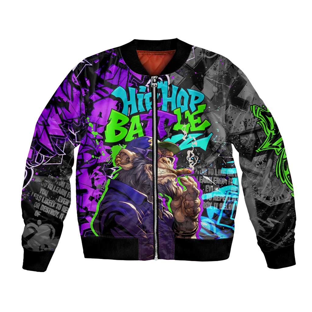 Hip Hop Battle Bomber Jacket Smoking Ape Character and Purple Green Graffiti Street Art Design - Wonder Print Shop