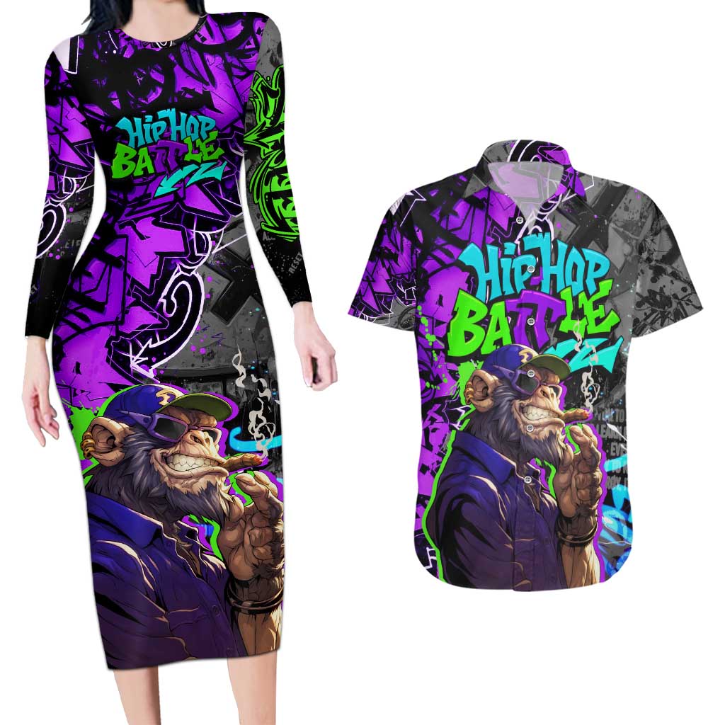 Hip Hop Battle Couples Matching Long Sleeve Bodycon Dress and Hawaiian Shirt Smoking Ape Character and Purple Green Graffiti Street Art Design - Wonder Print Shop