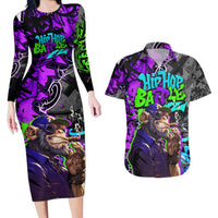 Hip Hop Battle Couples Matching Long Sleeve Bodycon Dress and Hawaiian Shirt Smoking Ape Character and Purple Green Graffiti Street Art Design - Wonder Print Shop