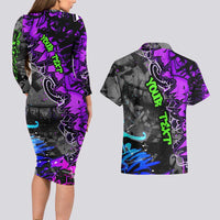 Hip Hop Battle Couples Matching Long Sleeve Bodycon Dress and Hawaiian Shirt Smoking Ape Character and Purple Green Graffiti Street Art Design - Wonder Print Shop