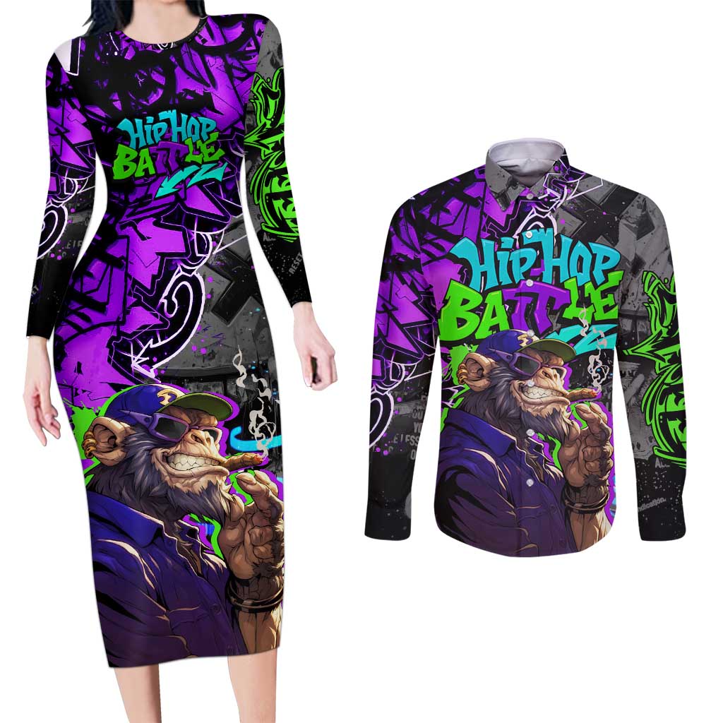 Hip Hop Battle Couples Matching Long Sleeve Bodycon Dress and Long Sleeve Button Shirt Smoking Ape Character and Purple Green Graffiti Street Art Design - Wonder Print Shop