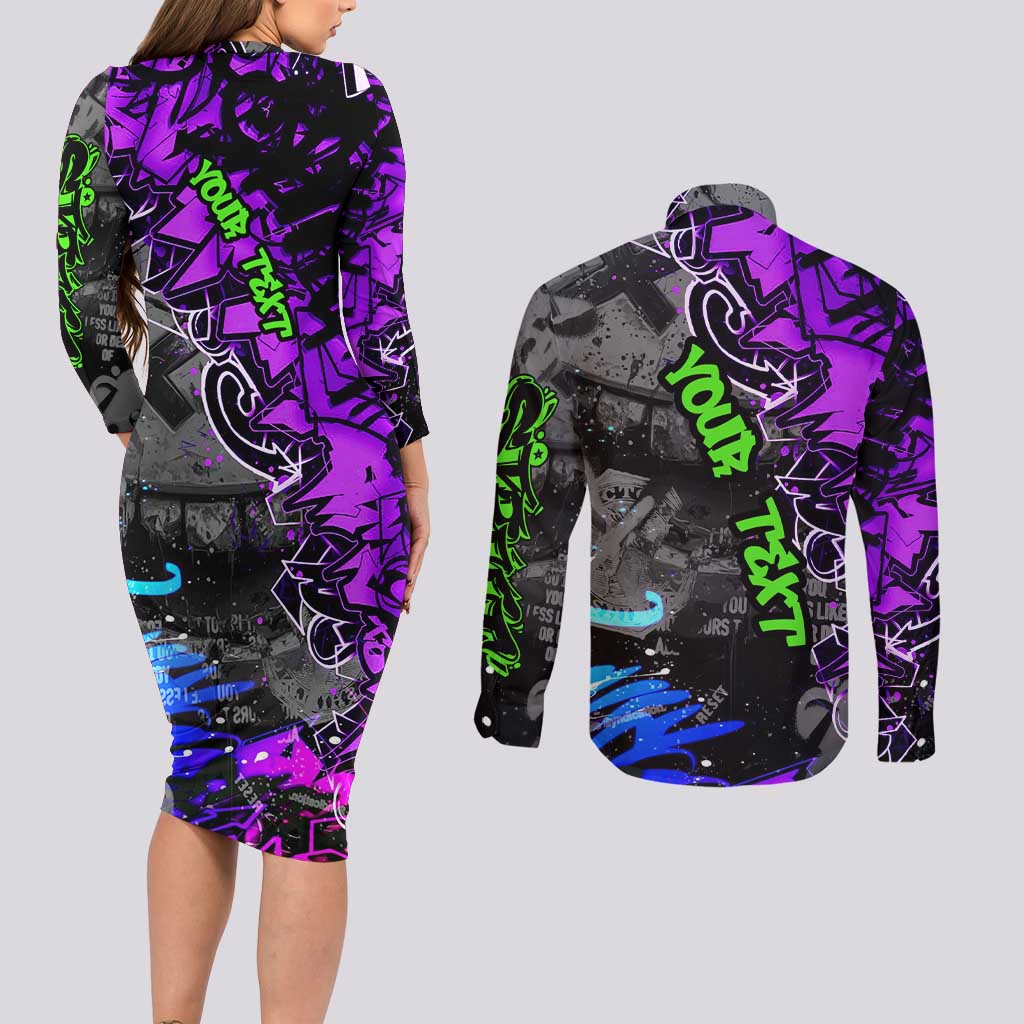 Hip Hop Battle Couples Matching Long Sleeve Bodycon Dress and Long Sleeve Button Shirt Smoking Ape Character and Purple Green Graffiti Street Art Design - Wonder Print Shop