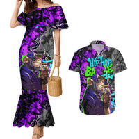 Hip Hop Battle Couples Matching Mermaid Dress and Hawaiian Shirt Smoking Ape Character and Purple Green Graffiti Street Art Design - Wonder Print Shop