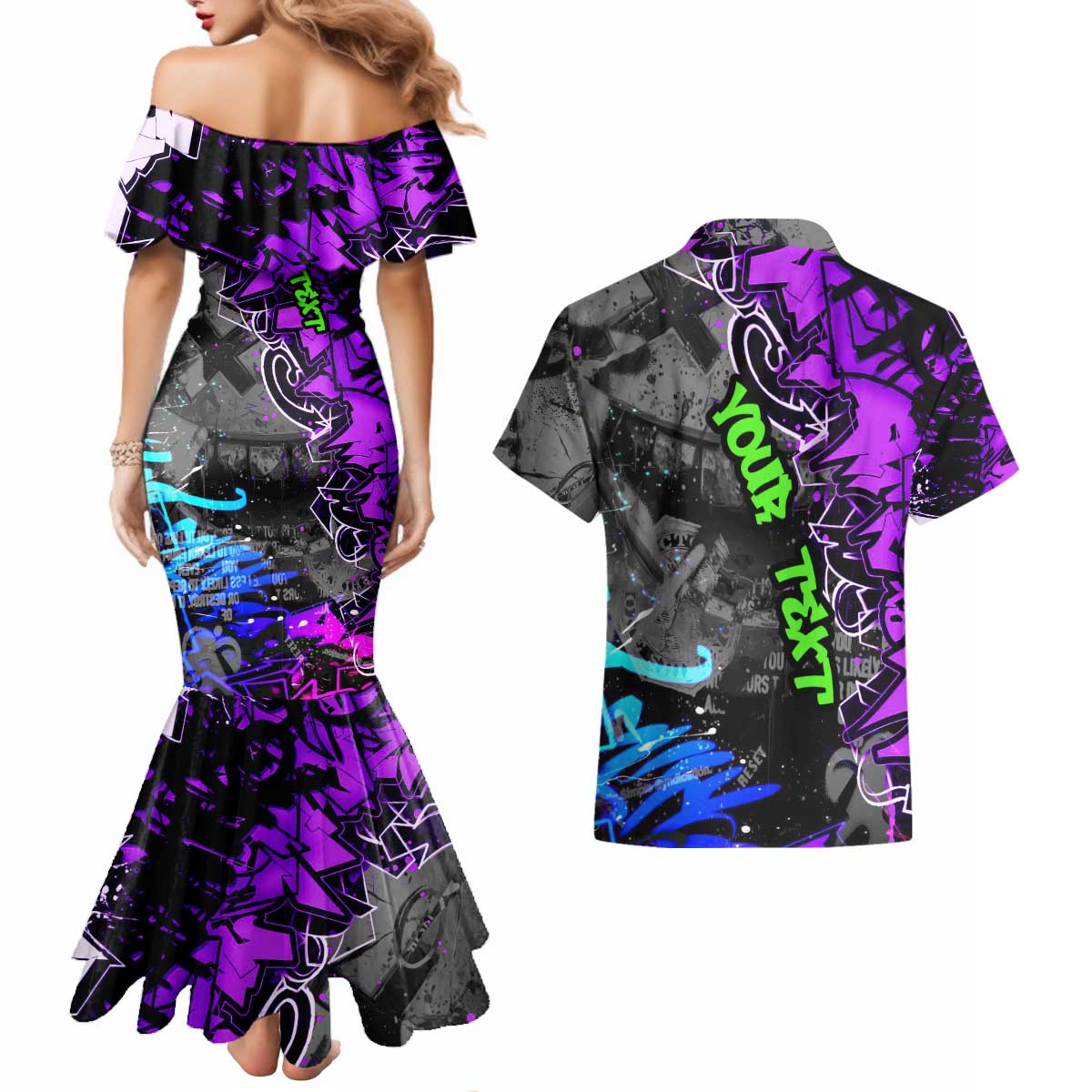 Hip Hop Battle Couples Matching Mermaid Dress and Hawaiian Shirt Smoking Ape Character and Purple Green Graffiti Street Art Design - Wonder Print Shop