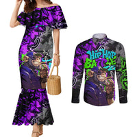 Hip Hop Battle Couples Matching Mermaid Dress and Long Sleeve Button Shirt Smoking Ape Character and Purple Green Graffiti Street Art Design - Wonder Print Shop