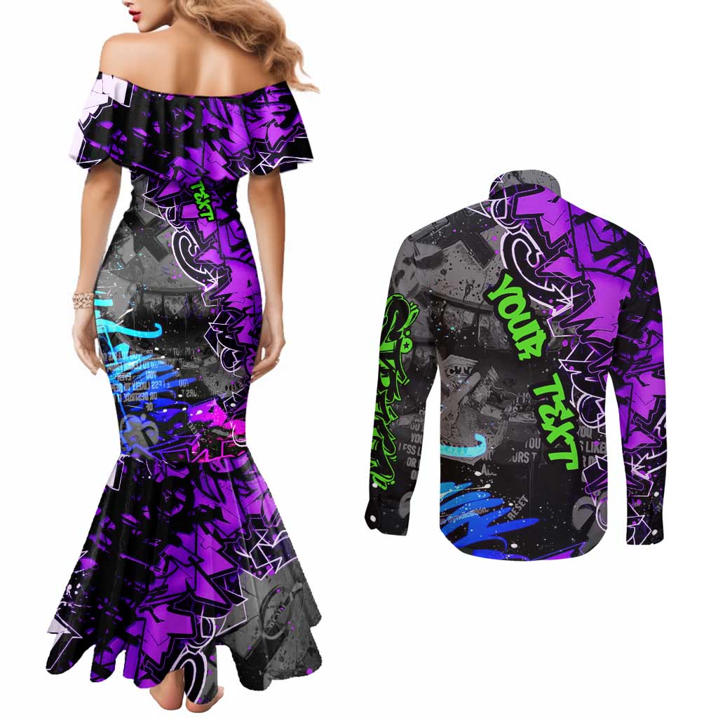 Hip Hop Battle Couples Matching Mermaid Dress and Long Sleeve Button Shirt Smoking Ape Character and Purple Green Graffiti Street Art Design - Wonder Print Shop