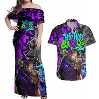 Hip Hop Battle Couples Matching Off Shoulder Maxi Dress and Hawaiian Shirt Smoking Ape Character and Purple Green Graffiti Street Art Design - Wonder Print Shop