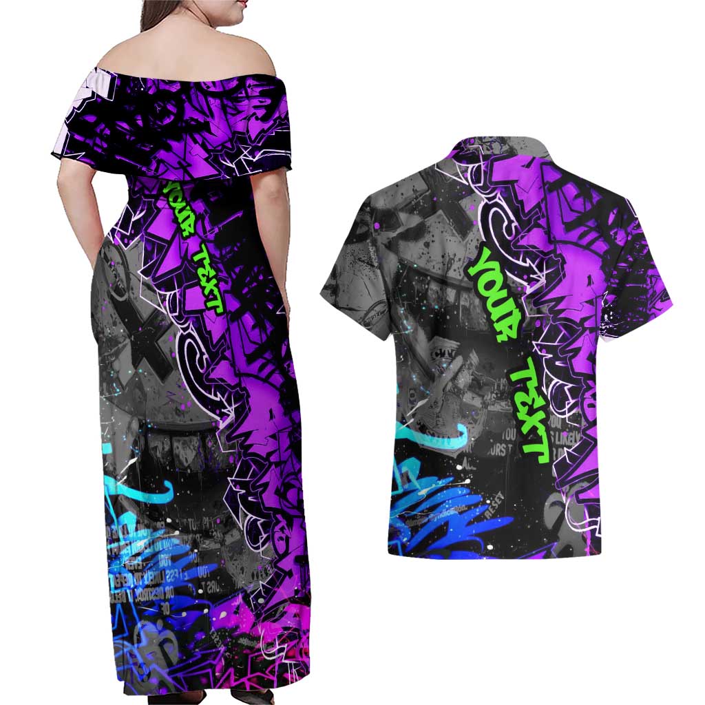 Hip Hop Battle Couples Matching Off Shoulder Maxi Dress and Hawaiian Shirt Smoking Ape Character and Purple Green Graffiti Street Art Design - Wonder Print Shop